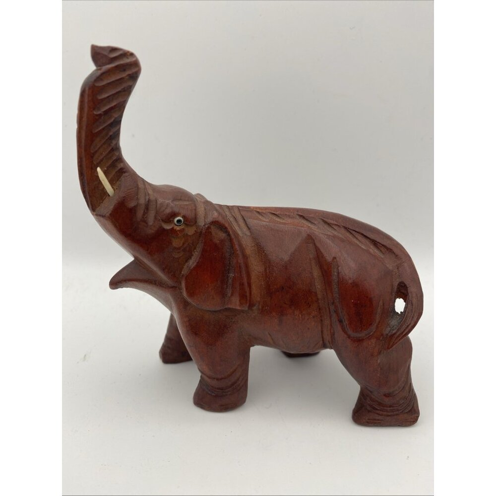 Vintage Hand-Carved Wooden Elephant Figurine 5x4.25" Figure Trunk Up Sculpture